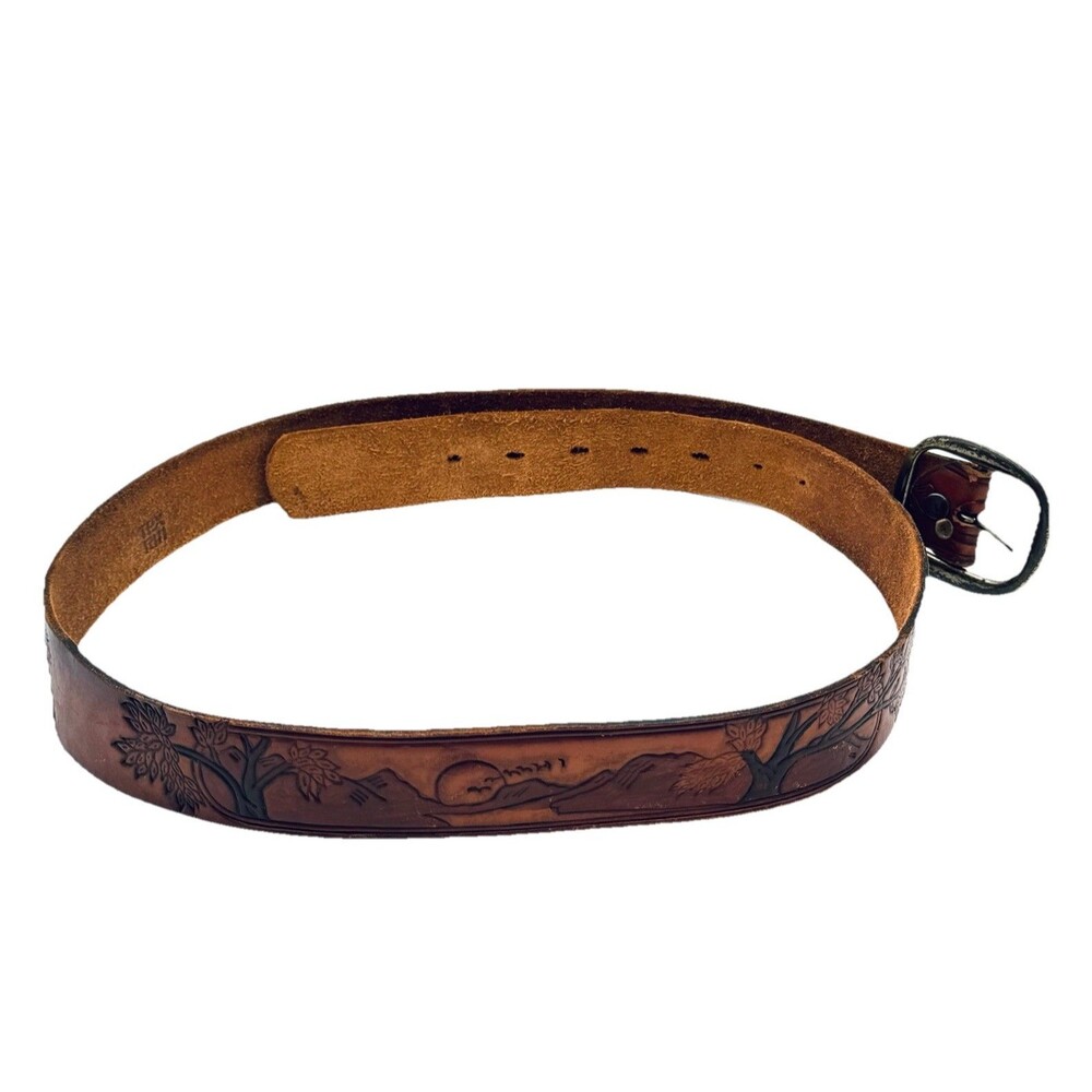 Vintage Tex Tan Belt size 40 Hand Tooled Leather Sunset Trees Mountains Birds